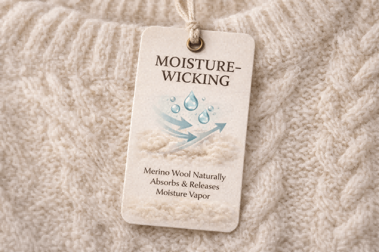 A hangtag on a wool sweater highlighting its moisture-wicking properties